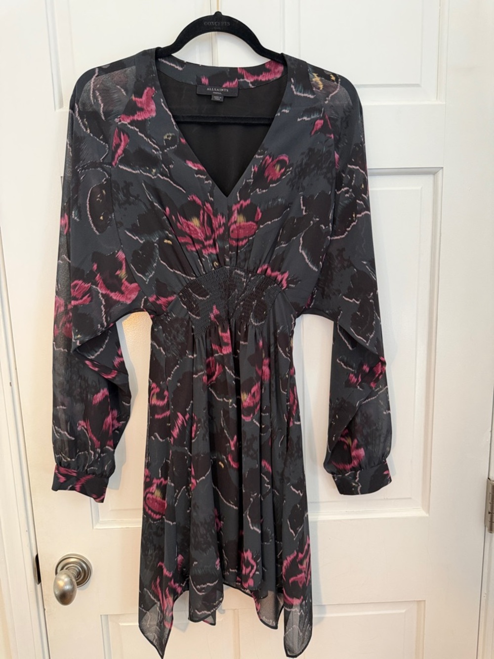 AllSaints Black and Magenta Printed V-Neck Dress